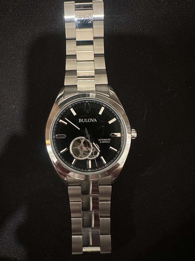 Bulova Silver Stainless Steel Watch With Black Dial And Open Heart
